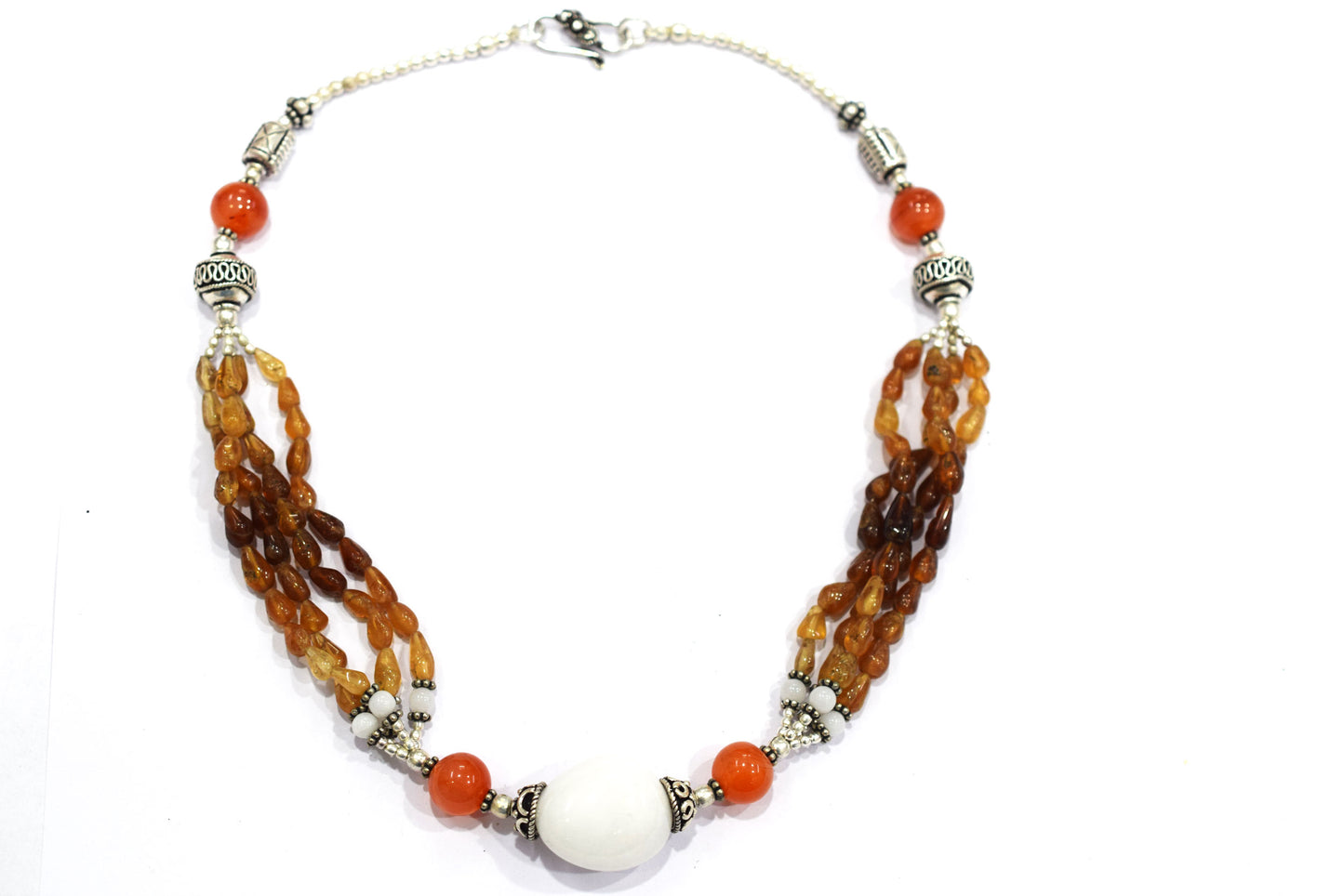 Natural Hessonite Garnet and Carnelian Necklace Set - Multi-Strand White Agate Statement Choker with Drop Earrings, 32859