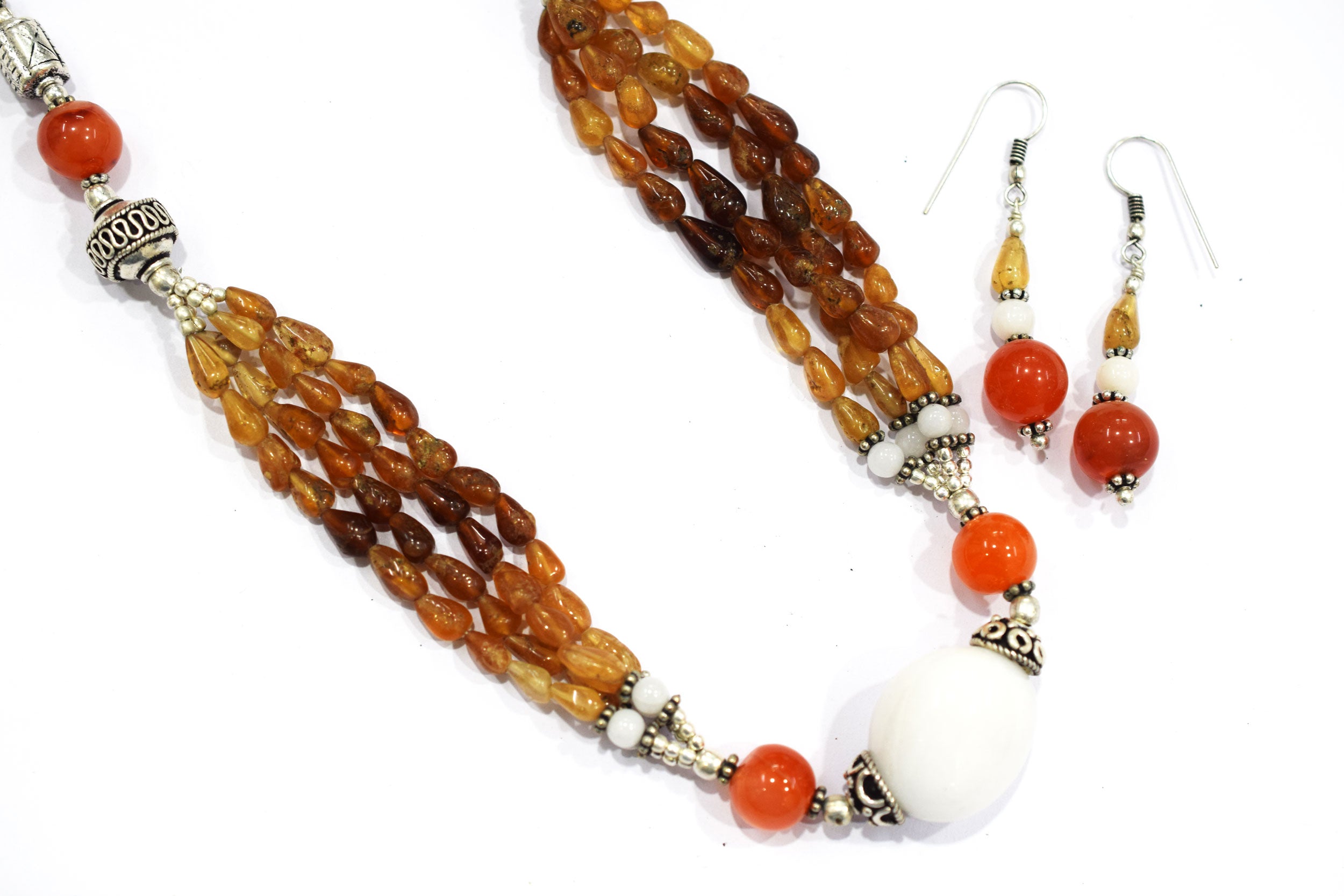 Natural Hessonite Garnet and Carnelian Necklace Set - Multi-Strand White Agate Statement Choker with Drop Earrings, 32859