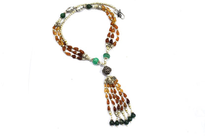Natural Hessonite and Green Aventurine Necklace Set - Multi-Strand Gemstone Tassel Y Necklace with Matching Earrings, 32860