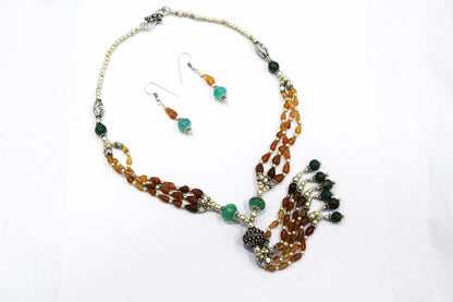 Natural Hessonite and Green Aventurine Necklace Set - Multi-Strand Gemstone Tassel Y Necklace with Matching Earrings, 32860
