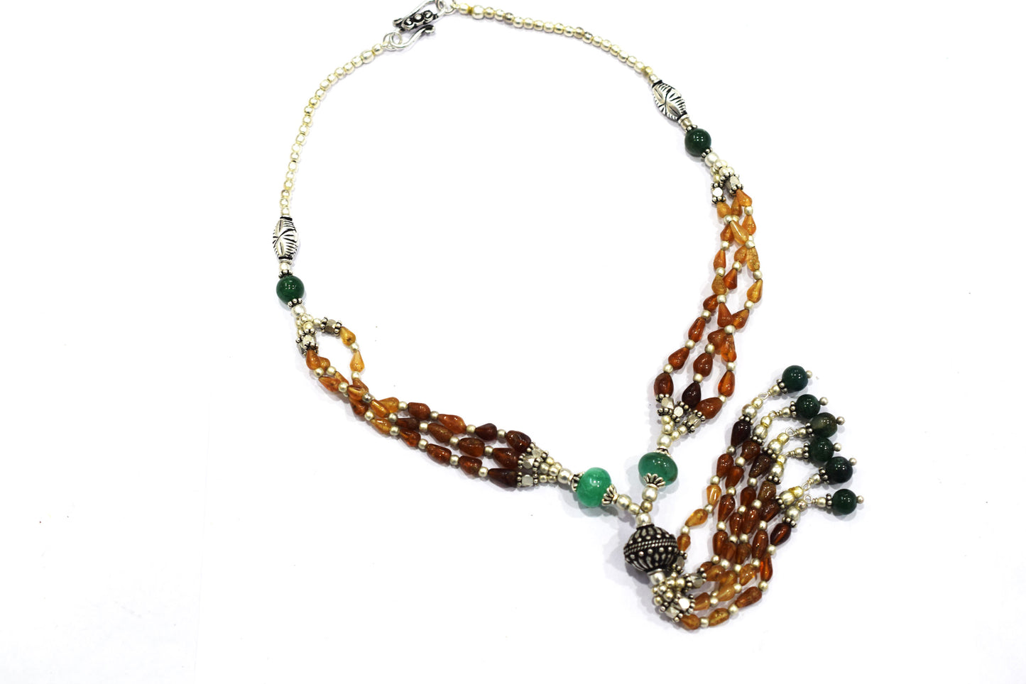 Natural Hessonite and Green Aventurine Necklace Set - Multi-Strand Gemstone Tassel Y Necklace with Matching Earrings, 32860