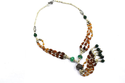 Natural Hessonite and Green Aventurine Necklace Set - Multi-Strand Gemstone Tassel Y Necklace with Matching Earrings, 32860