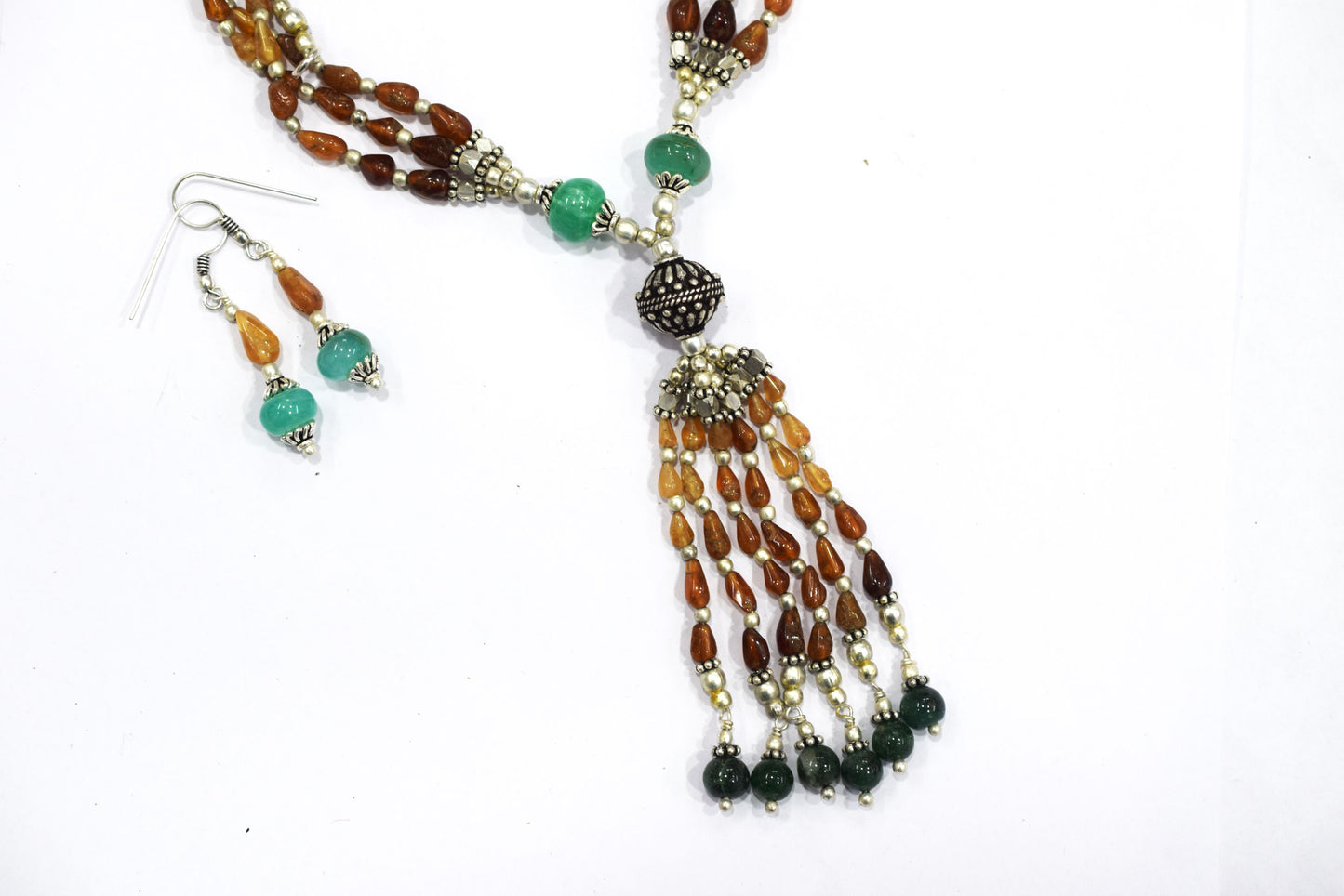 Natural Hessonite and Green Aventurine Necklace Set - Multi-Strand Gemstone Tassel Y Necklace with Matching Earrings, 32860