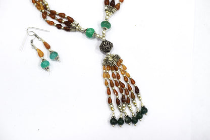 Natural Hessonite and Green Aventurine Necklace Set - Multi-Strand Gemstone Tassel Y Necklace with Matching Earrings, 32860