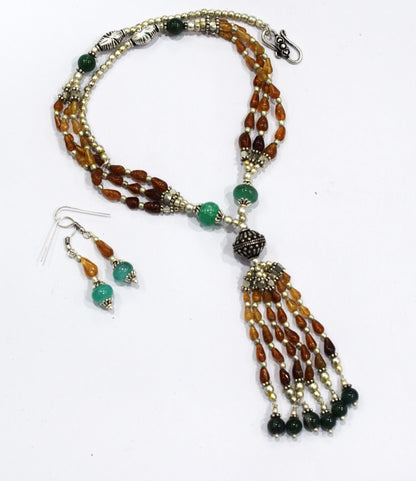 Natural Hessonite and Green Aventurine Necklace Set - Multi-Strand Gemstone Tassel Y Necklace with Matching Earrings, 32860