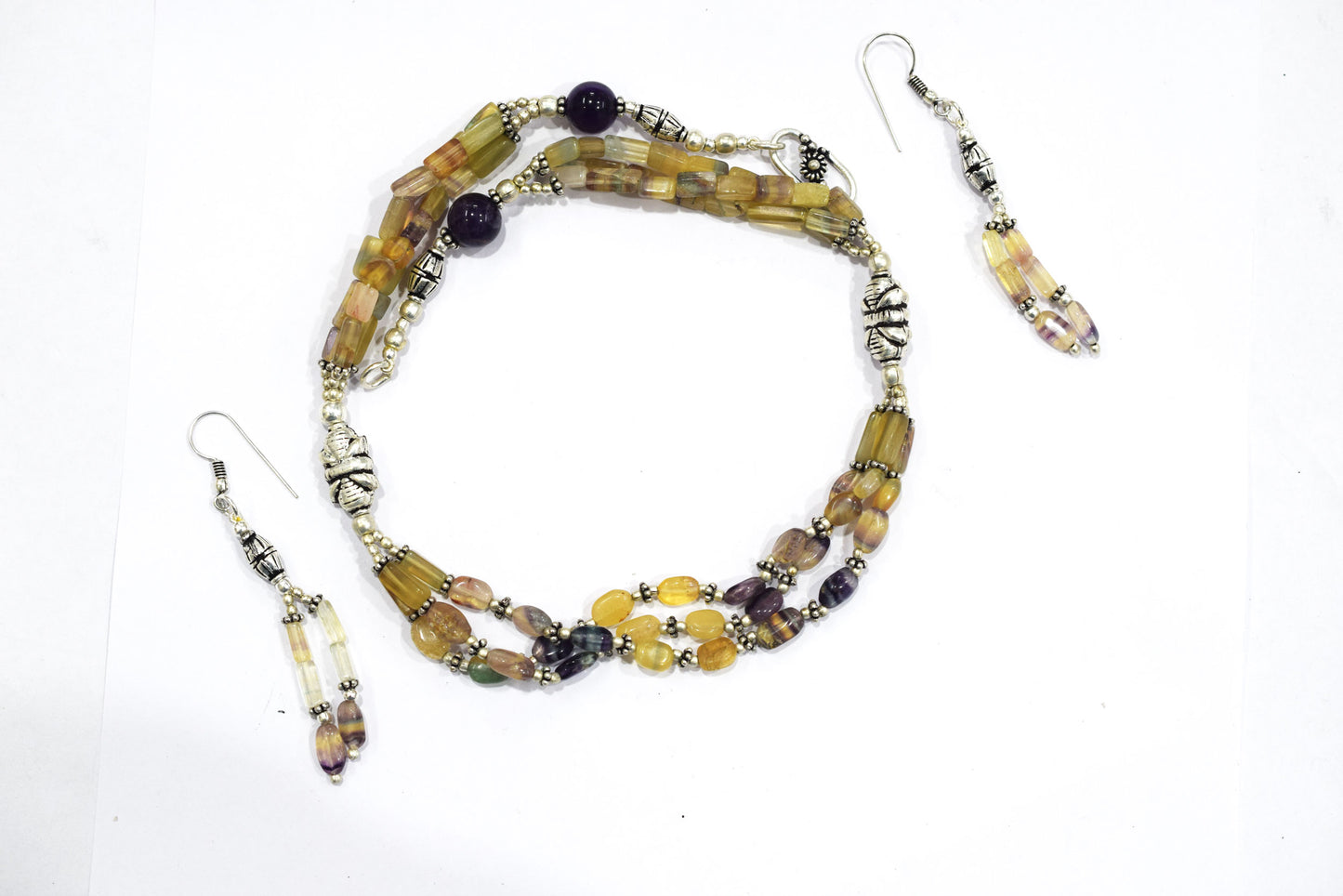 Natural Amethyst and Multi Fluorite Necklace Set - Multi-Strand Yellow and Purple Gemstone Beaded Necklace with Drop Earrings, 32861