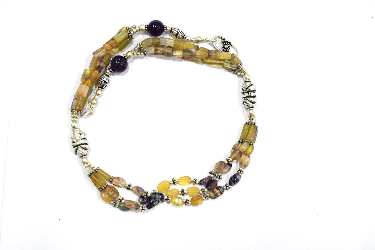 Natural Amethyst and Multi Fluorite Necklace Set - Multi-Strand Yellow and Purple Gemstone Beaded Necklace with Drop Earrings, 32861