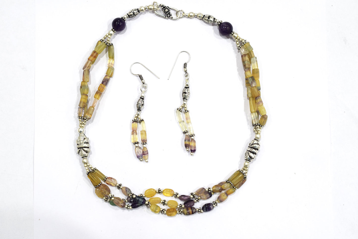 Natural Amethyst and Multi Fluorite Necklace Set - Multi-Strand Yellow and Purple Gemstone Beaded Necklace with Drop Earrings, 32861