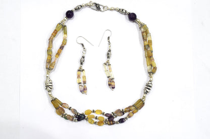 Natural Amethyst and Multi Fluorite Necklace Set - Multi-Strand Yellow and Purple Gemstone Beaded Necklace with Drop Earrings, 32861