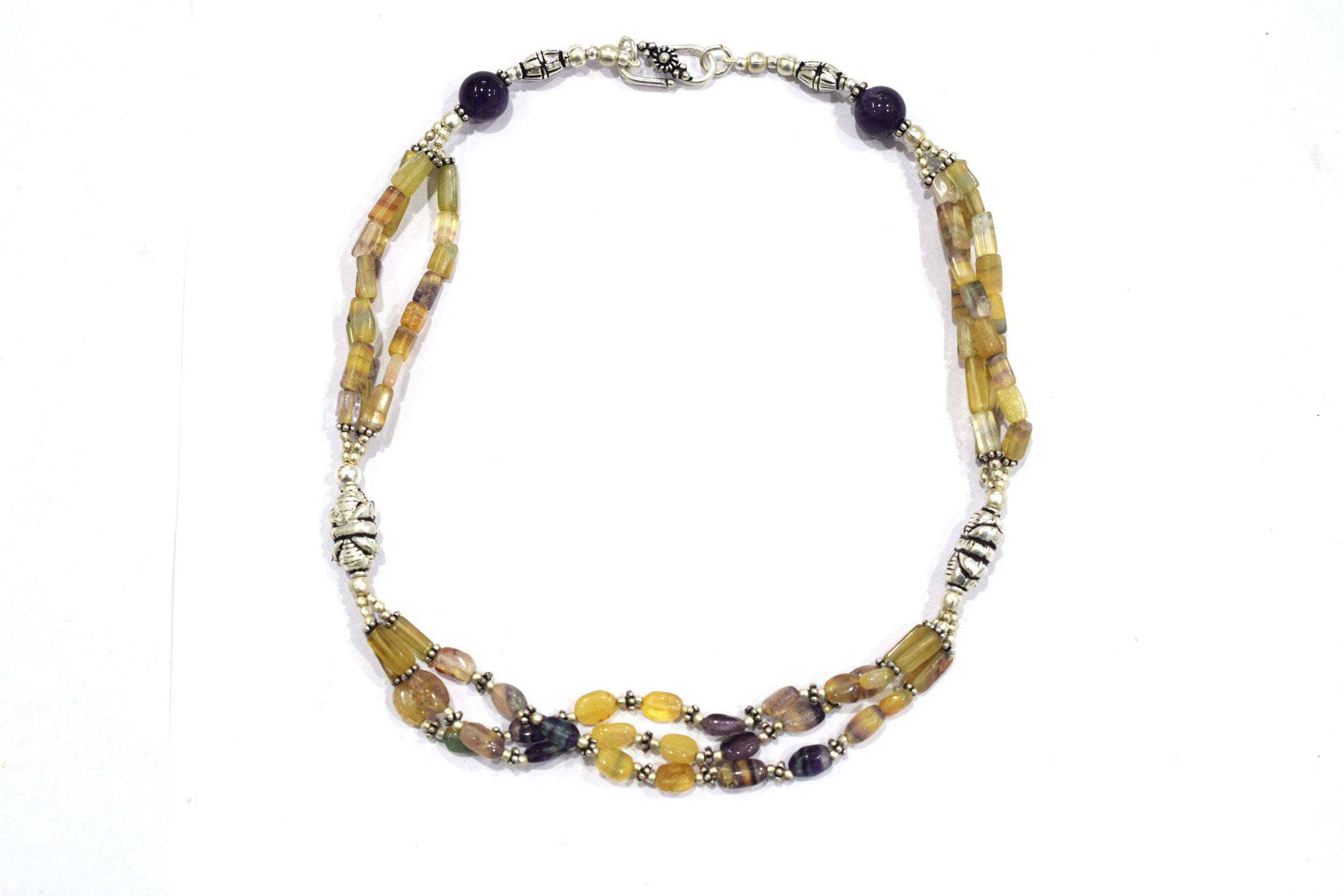 Natural Amethyst and Multi Fluorite Necklace Set - Multi-Strand Yellow and Purple Gemstone Beaded Necklace with Drop Earrings, 32861