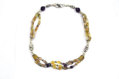 Natural Amethyst and Multi Fluorite Necklace Set - Multi-Strand Yellow and Purple Gemstone Beaded Necklace with Drop Earrings, 32861