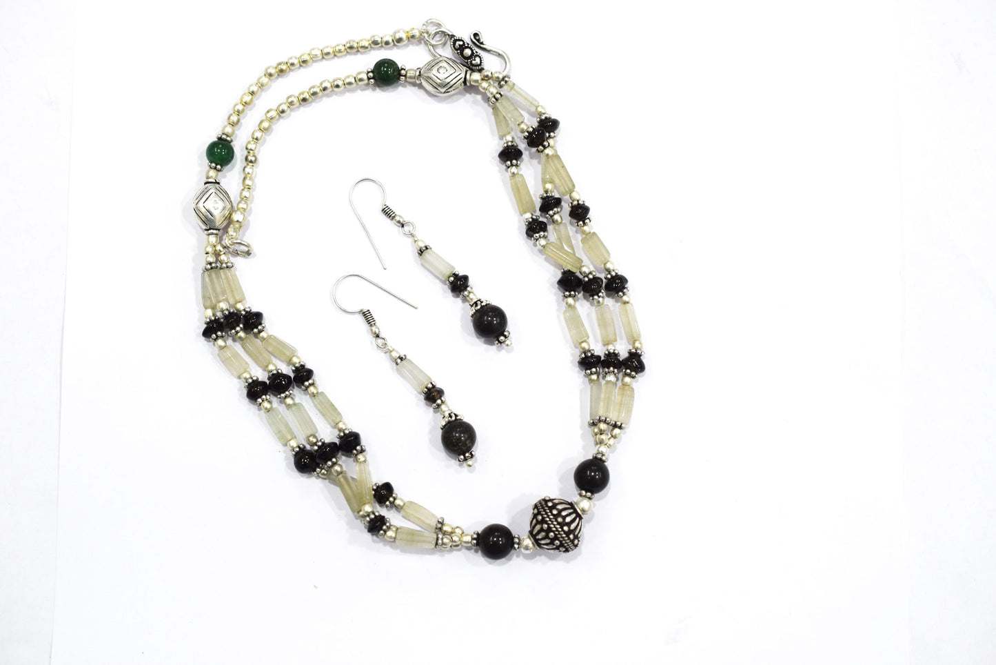Natural Smoky and Black Onyx Necklace Set - Multi-Strand Green Aventurine Accent Jewelry, 32862