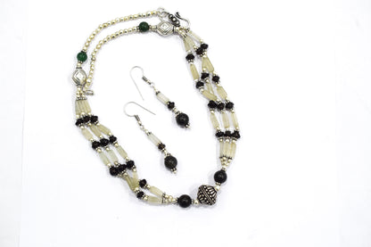 Natural Smoky and Black Onyx Necklace Set - Multi-Strand Green Aventurine Accent Jewelry, 32862