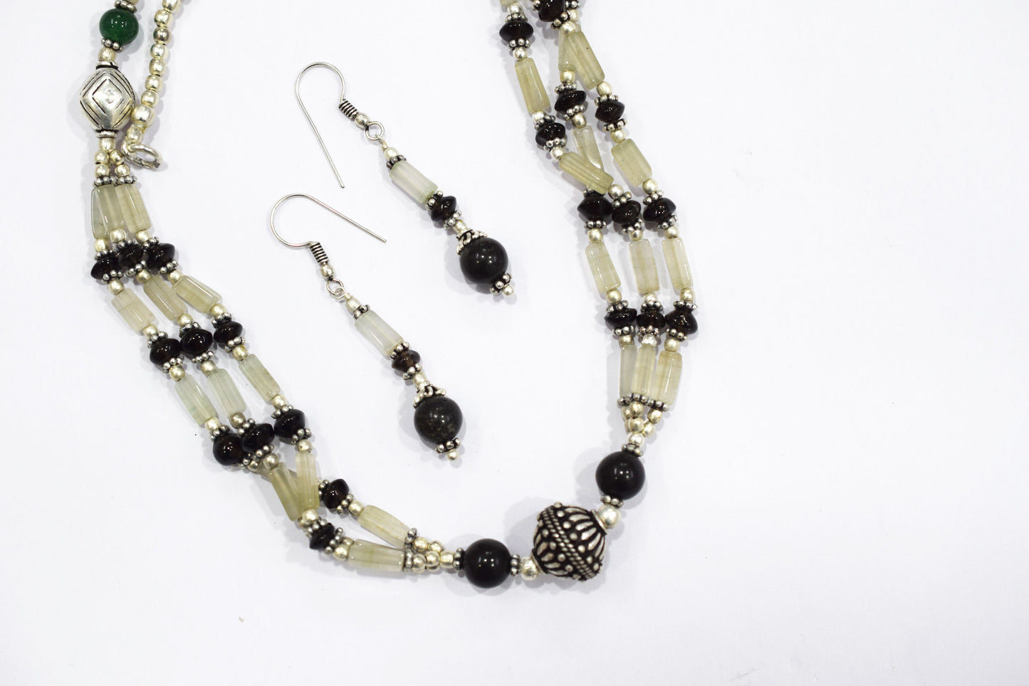 Natural Smoky and Black Onyx Necklace Set - Multi-Strand Green Aventurine Accent Jewelry, 32862