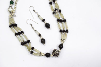 Natural Smoky and Black Onyx Necklace Set - Multi-Strand Green Aventurine Accent Jewelry, 32862