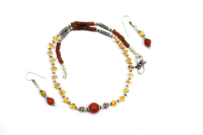 Natural Citrine,Garnet  and Carnelian Choker Necklace  Jewelry Set with Dangle Earrings ,Gift for Her, 32863