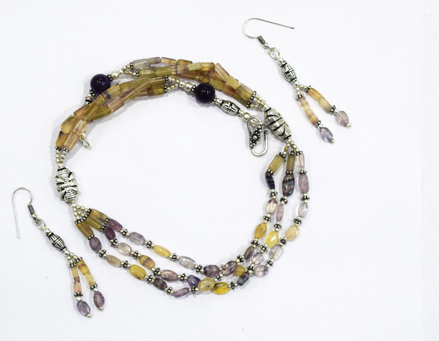 Natural Amethyst and Multi Fluorite Necklace Set - Multi-Strand Yellow and Purple Gemstone Beaded Necklace with Drop Earrings, 32864