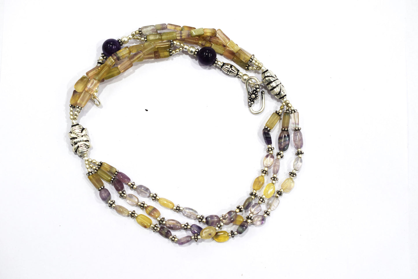 Natural Amethyst and Multi Fluorite Necklace Set - Multi-Strand Yellow and Purple Gemstone Beaded Necklace with Drop Earrings, 32864