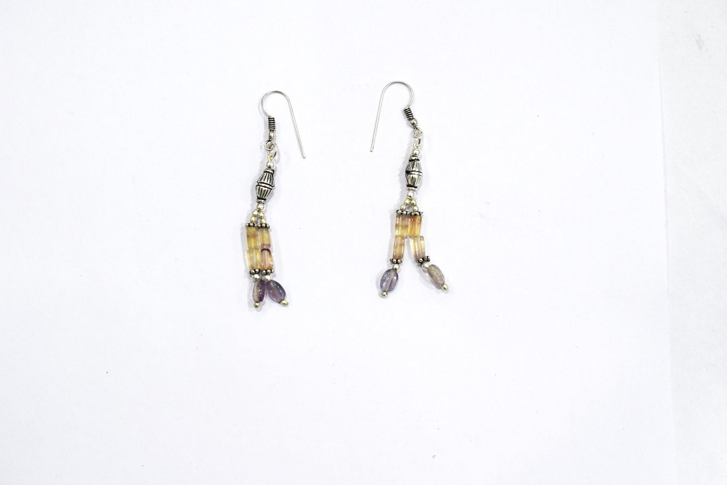 Natural Amethyst and Multi Fluorite Necklace Set - Multi-Strand Yellow and Purple Gemstone Beaded Necklace with Drop Earrings, 32864