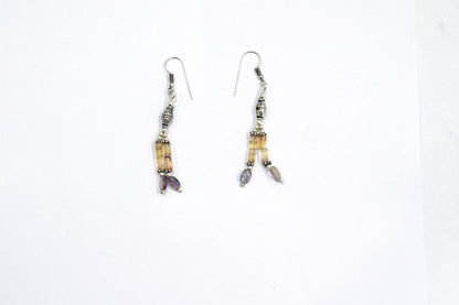 Natural Amethyst and Multi Fluorite Necklace Set - Multi-Strand Yellow and Purple Gemstone Beaded Necklace with Drop Earrings, 32864