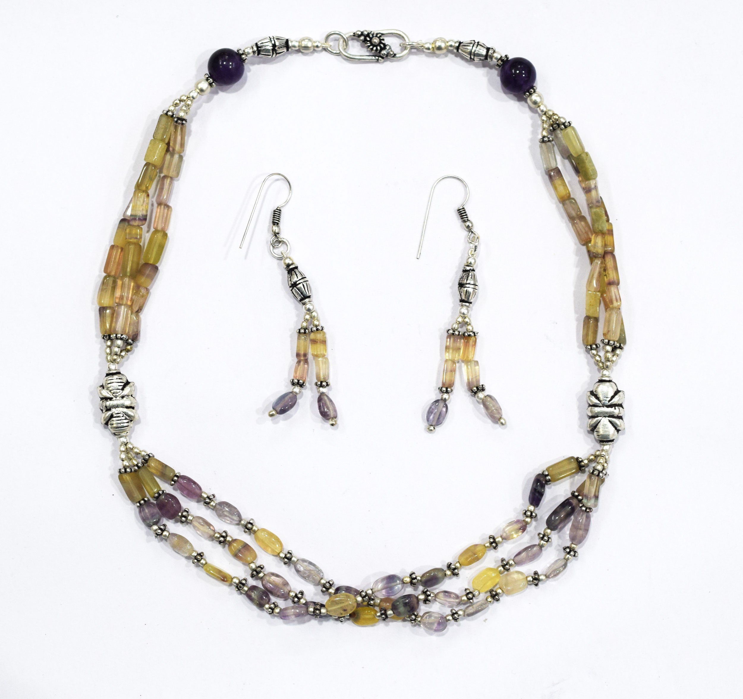 Natural Amethyst and Multi Fluorite Necklace Set - Multi-Strand Yellow and Purple Gemstone Beaded Necklace with Drop Earrings, 32864