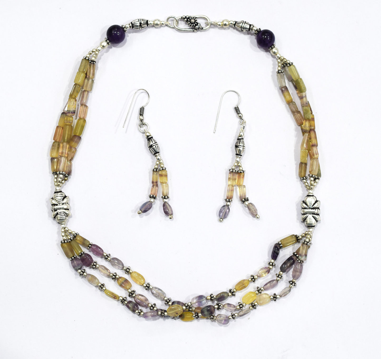 Natural Amethyst and Multi Fluorite Necklace Set - Multi-Strand Yellow and Purple Gemstone Beaded Necklace with Drop Earrings, 32864