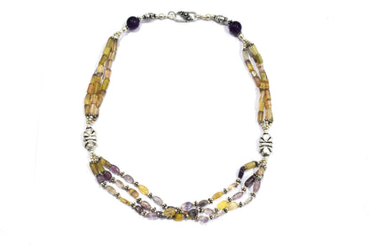 Natural Amethyst and Multi Fluorite Necklace Set - Multi-Strand Yellow and Purple Gemstone Beaded Necklace with Drop Earrings, 32864