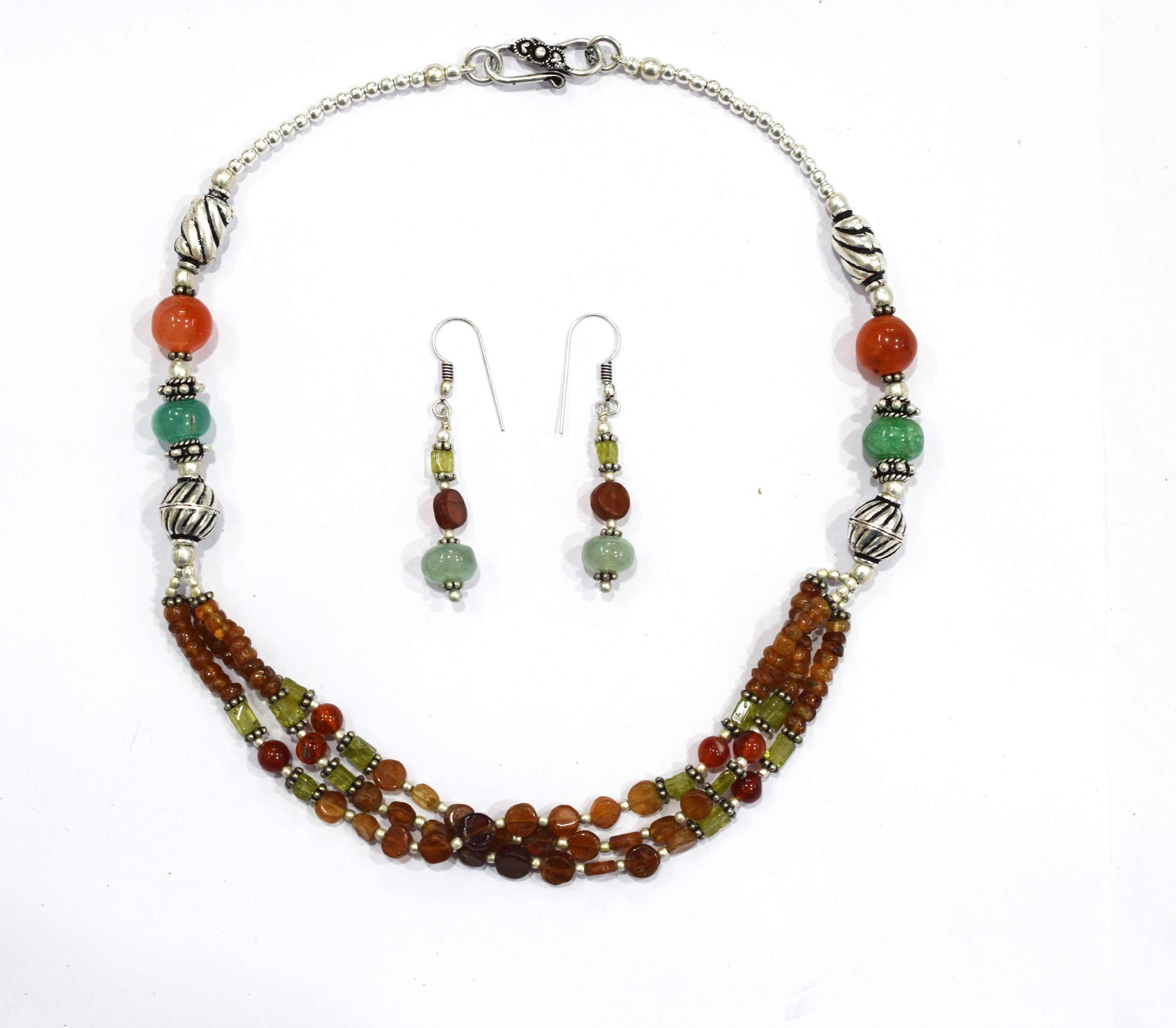 Hessonite and Carnelian Beaded Necklace Set, Natural Peridot & Green Quartz Jewelry Set for Women, 32865