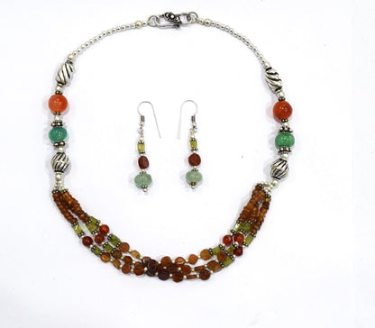 Hessonite and Carnelian Beaded Necklace Set, Natural Peridot & Green Quartz Jewelry Set for Women, 32865