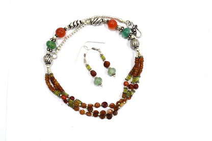 Hessonite and Carnelian Beaded Necklace Set, Natural Peridot & Green Quartz Jewelry Set for Women, 32865