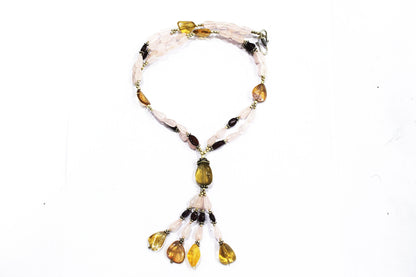 Natural Citrine Beaded Statement Necklace with Pink Rose Quartz and Garnet Earring Set, Gift For Her , 32866