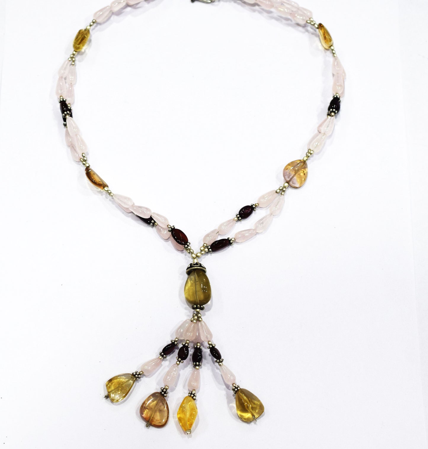 Natural Citrine Beaded Statement Necklace with Pink Rose Quartz and Garnet Earring Set, Gift For Her , 32866