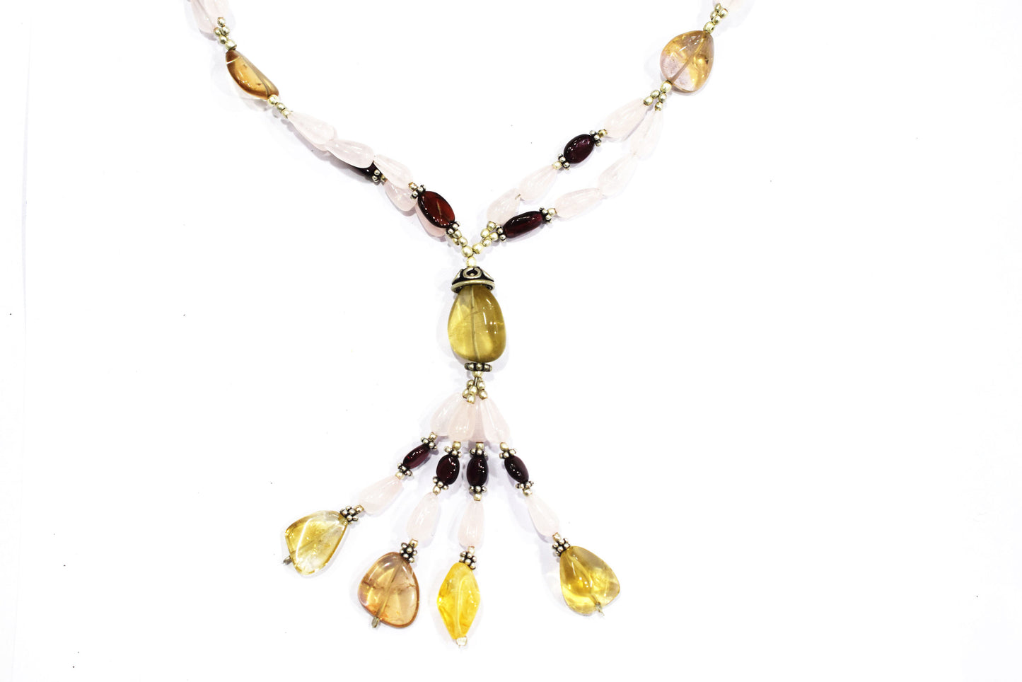 Natural Citrine Beaded Statement Necklace with Pink Rose Quartz and Garnet Earring Set, Gift For Her , 32866