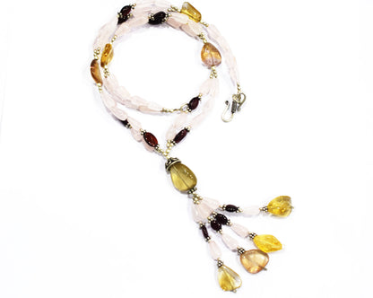 Natural Citrine Beaded Statement Necklace with Pink Rose Quartz and Garnet Earring Set, Gift For Her , 32866