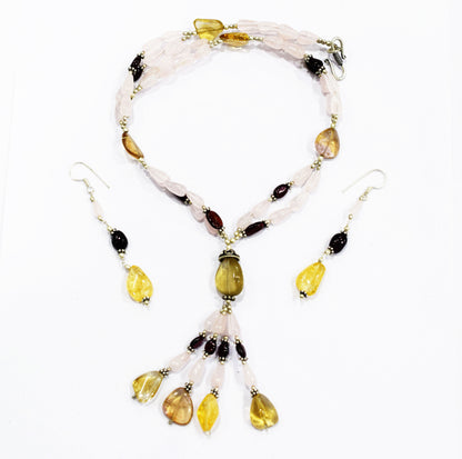 Natural Citrine Beaded Statement Necklace with Pink Rose Quartz and Garnet Earring Set, Gift For Her , 32866