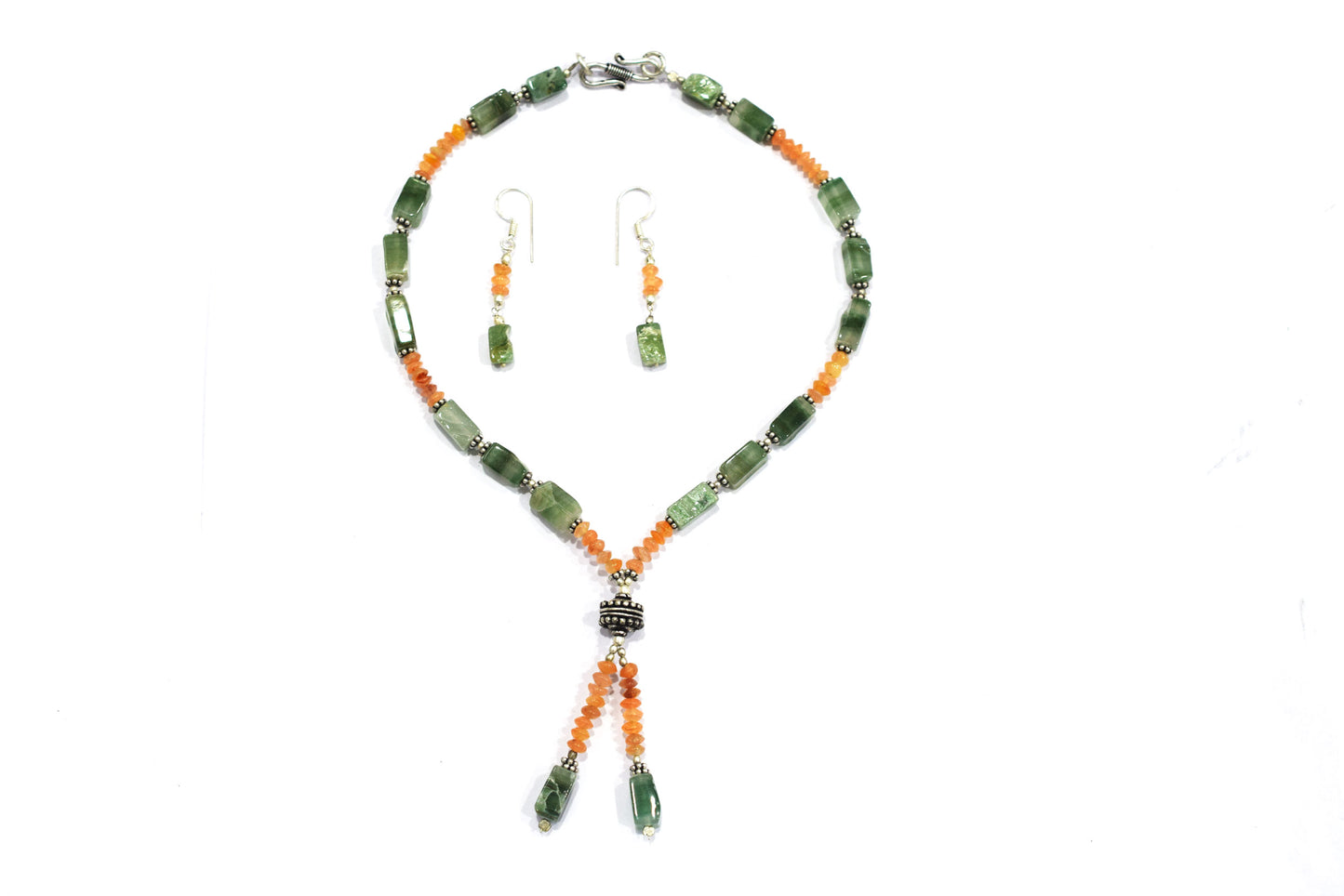 Green Aventurine Carnelian Lariat Necklace Set, Y-Shaped Beaded Gemstone Necklace and Earrings, 32867