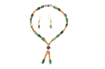 Green Aventurine Carnelian Lariat Necklace Set, Y-Shaped Beaded Gemstone Necklace and Earrings, 32867