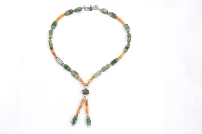 Green Aventurine Carnelian Lariat Necklace Set, Y-Shaped Beaded Gemstone Necklace and Earrings, 32867
