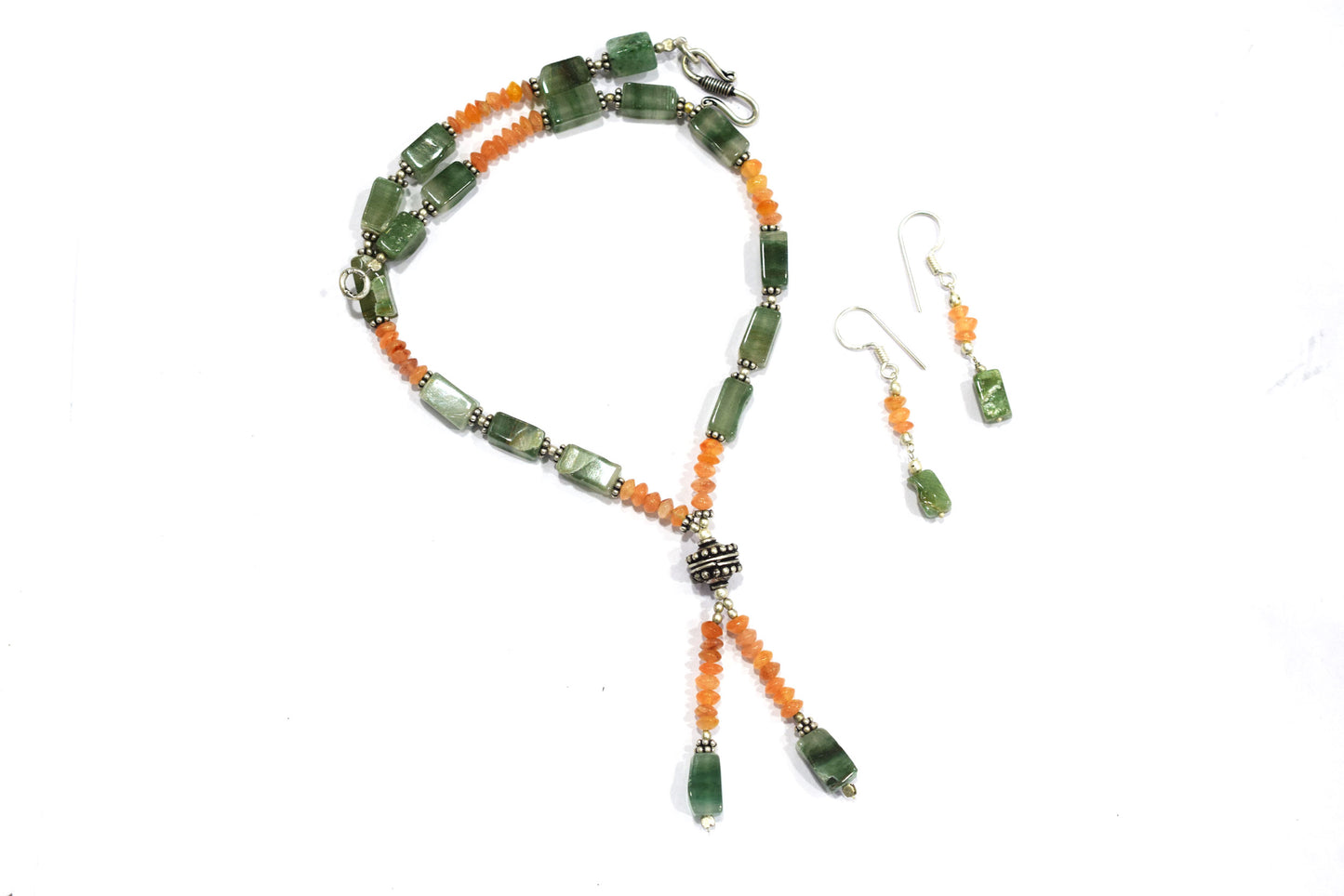 Green Aventurine Carnelian Lariat Necklace Set, Y-Shaped Beaded Gemstone Necklace and Earrings, 32867
