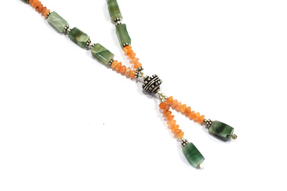 Green Aventurine Carnelian Lariat Necklace Set, Y-Shaped Beaded Gemstone Necklace and Earrings, 32867