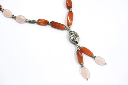 Natural Yellow Aventurine and Rose Quartz Jewelry Set, Beaded Y Drop Necklace with Matching Earrings, 32868