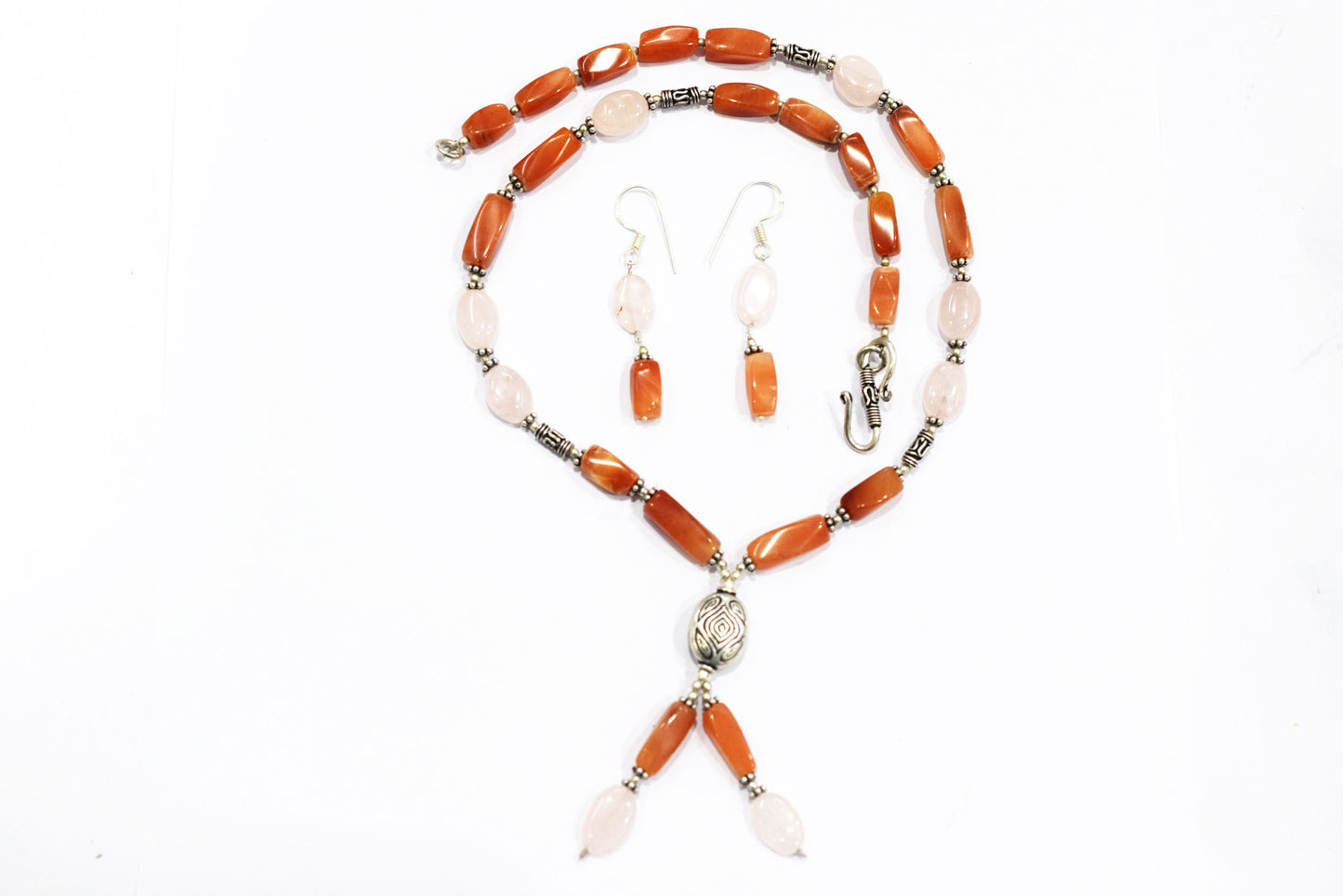 Natural Yellow Aventurine and Rose Quartz Jewelry Set, Beaded Y Drop Necklace with Matching Earrings, 32868