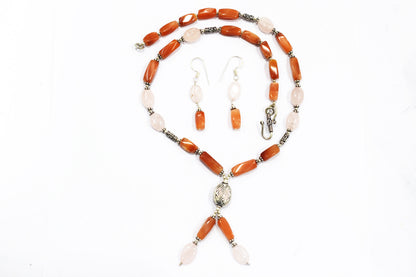 Natural Yellow Aventurine and Rose Quartz Jewelry Set, Beaded Y Drop Necklace with Matching Earrings, 32868