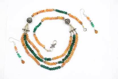 Carnelian Green Aventurine Multi-Strand Jewelry Set, 3-Layer Beaded Gemstone Necklace and Earrings, 32869
