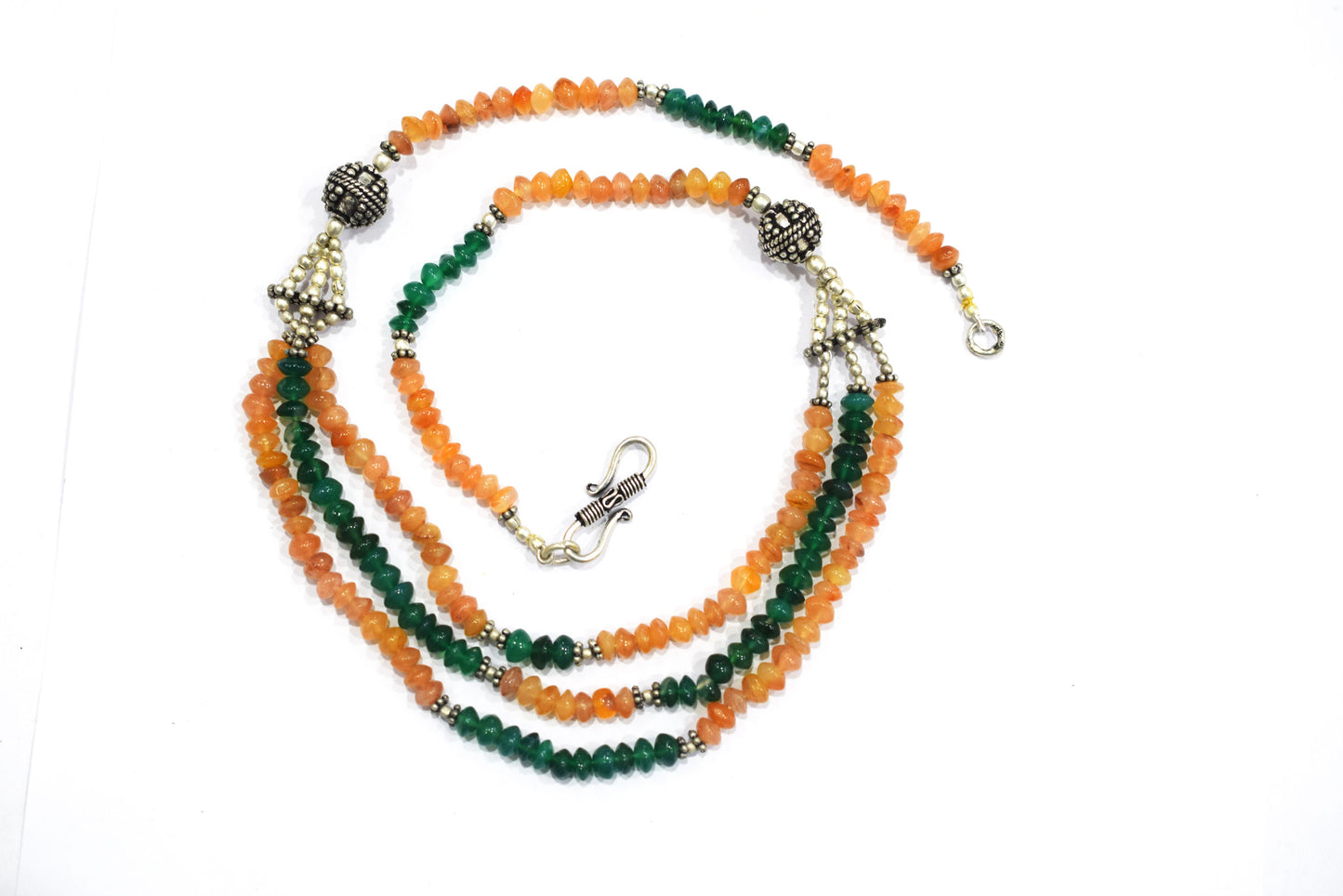 Carnelian Green Aventurine Multi-Strand Jewelry Set, 3-Layer Beaded Gemstone Necklace and Earrings, 32869