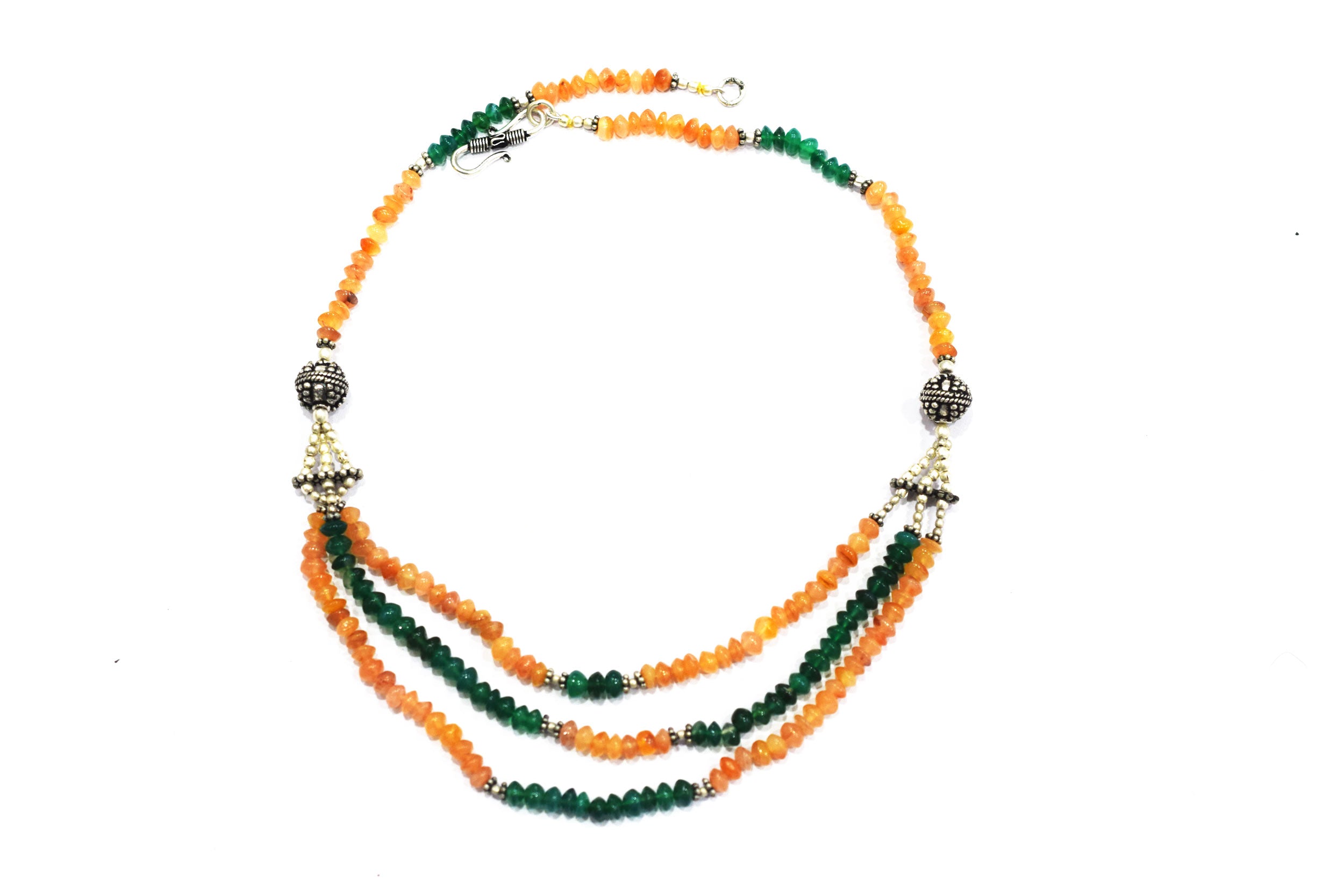 Carnelian Green Aventurine Multi-Strand Jewelry Set, 3-Layer Beaded Gemstone Necklace and Earrings, 32869