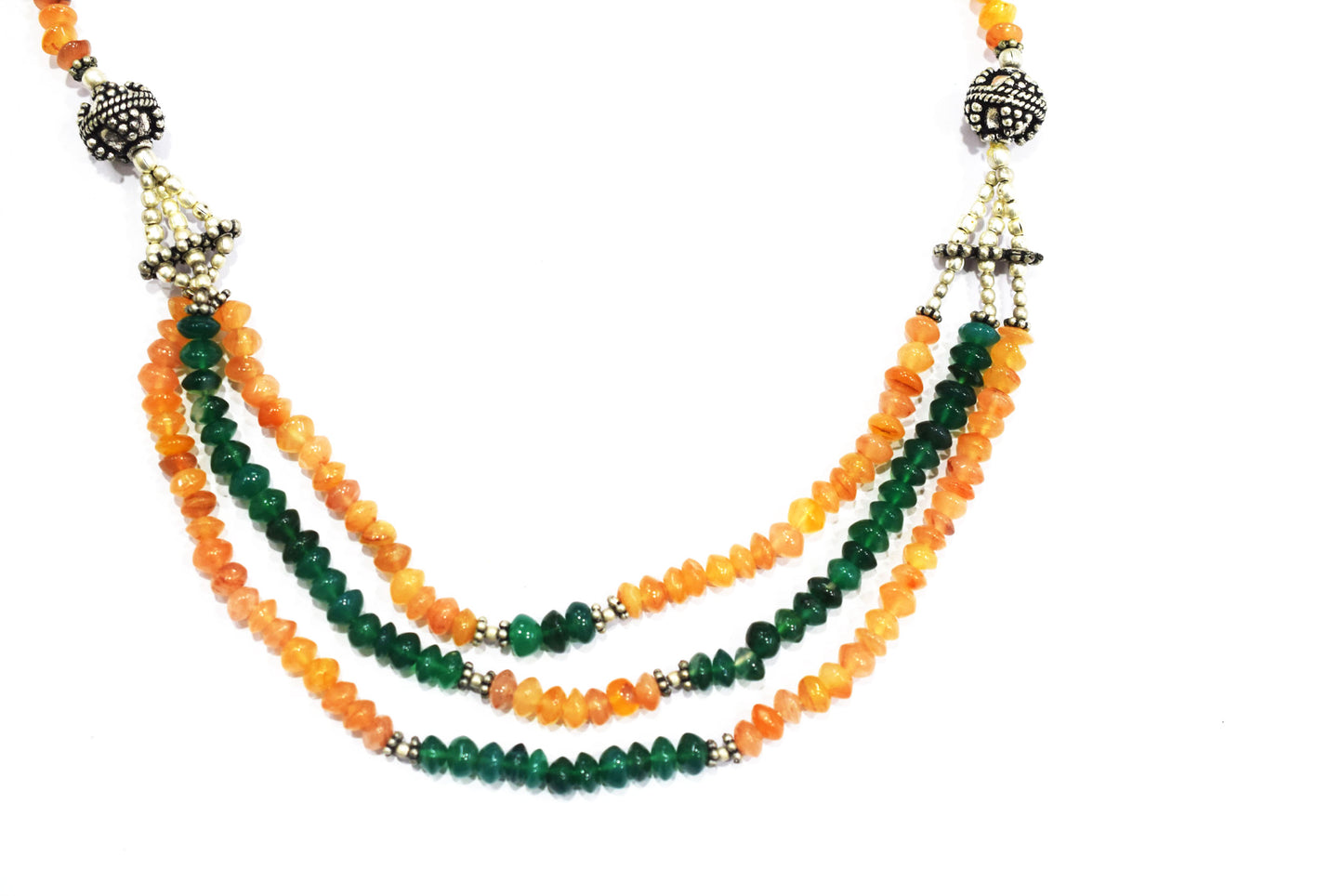 Carnelian Green Aventurine Multi-Strand Jewelry Set, 3-Layer Beaded Gemstone Necklace and Earrings, 32869