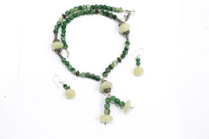 Green Aventurine Lariat Necklace Set, Beaded Gemstone Y-Necklace and Dangle Earrings,32870
