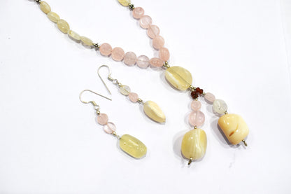 Natural Pink Opal and Rose Quartz Tassel Necklace Set - Rainbow Moonstone and Carnelian Beaded Y Necklace with Matching Earrings , 32871