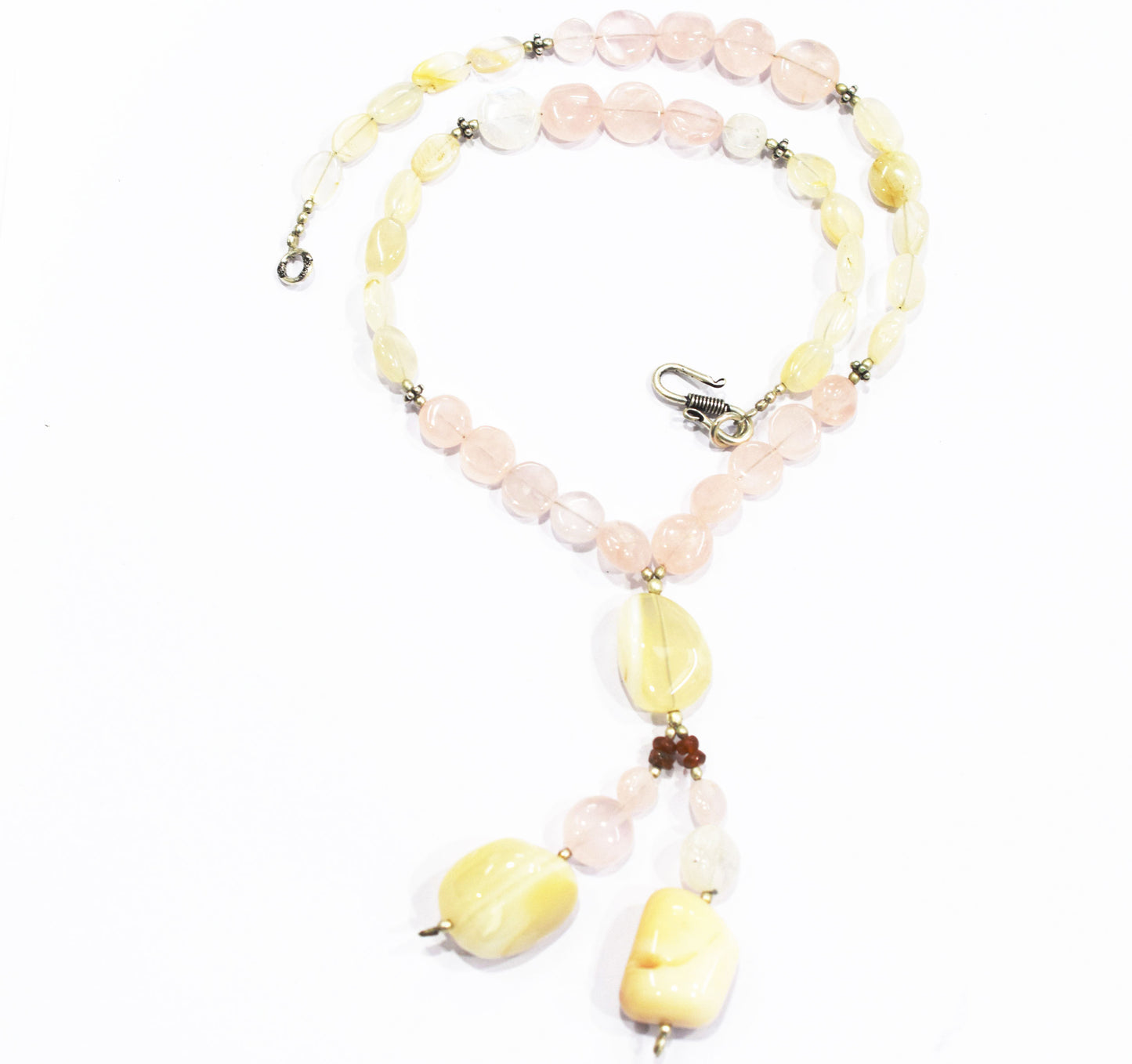 Natural Pink Opal and Rose Quartz Tassel Necklace Set - Rainbow Moonstone and Carnelian Beaded Y Necklace with Matching Earrings , 32871